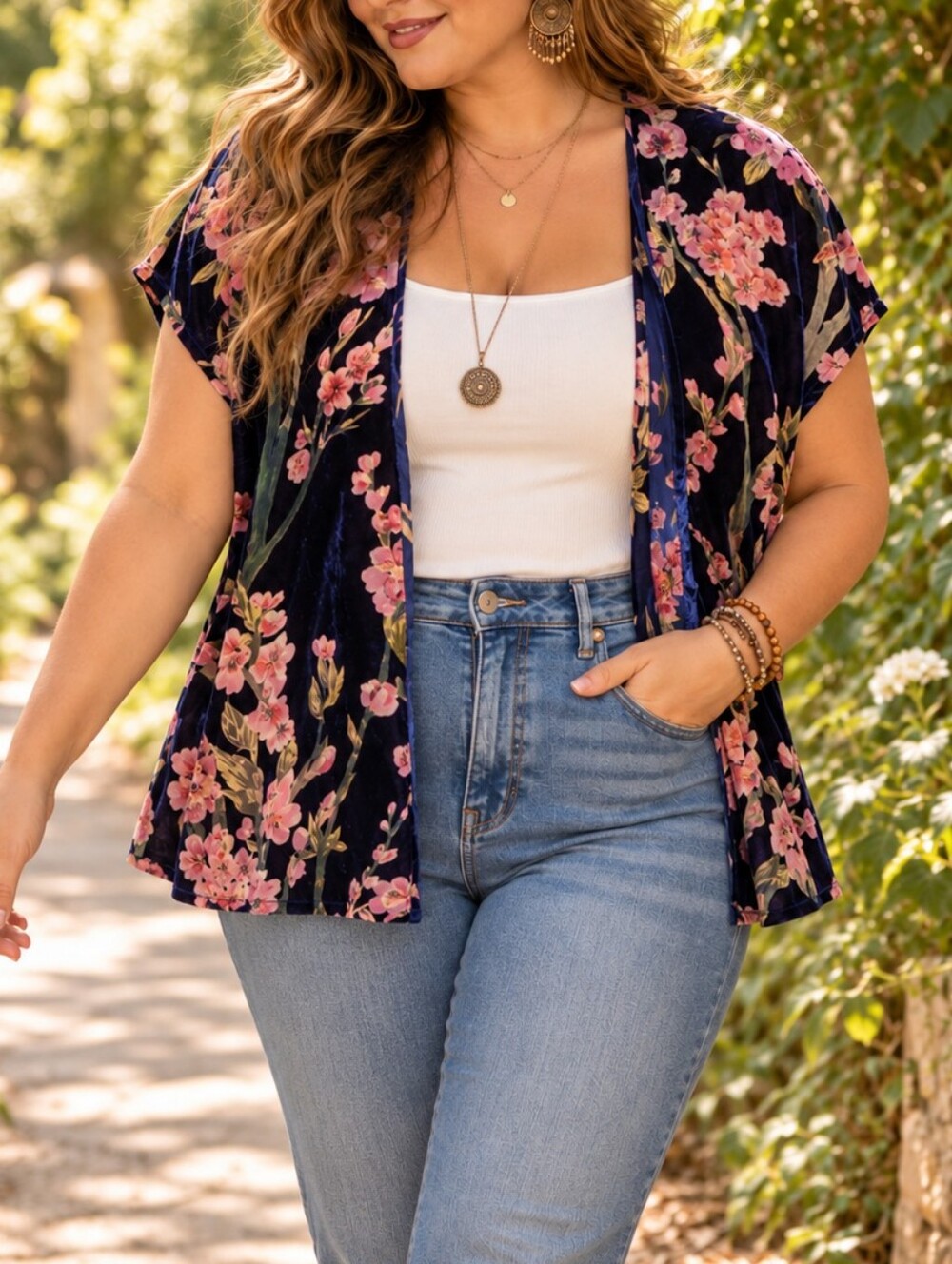 Angie Navy Pink Floral Velvet Open Front Kimono Boho Festival Layering Top